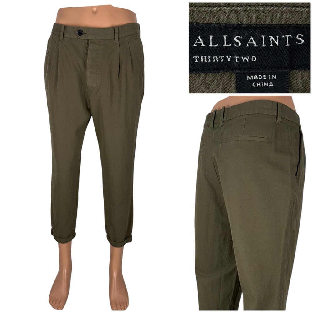 Allsaints Mens 32 X 25 Pants Tallis Pleated Cropped Trouser Green Cotton Wool
